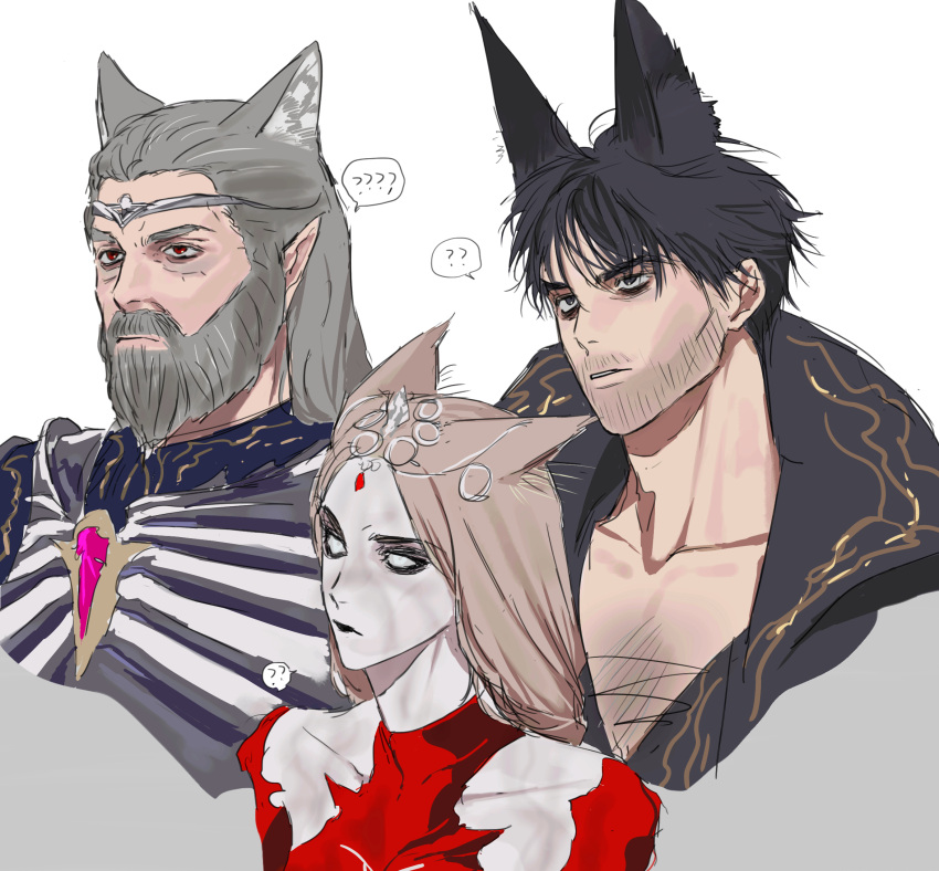 1girl 2boys ? ?? animal_ear_fluff animal_ears baldur's_gate baldur's_gate_3 beard beard_stubble black_eyes black_eyeshadow black_hair blank_eyes blonde_hair bodysuit cat_ears circlet collarbone commentary_request cropped_torso dungeons_and_dragons enver_gortash expressionless eyeshadow facial_hair from_side full_beard grey_hair highres kemonomimi_mode ketheric_thorm korean_commentary long_hair looking_ahead makeup mature_male medium_hair multiple_boys mustache mustache_stubble orin_the_red parted_lips pointy_ears portrait red_bodysuit red_eyes short_hair simple_background sketch spoken_question_mark ssyung stubble white_background wolf_ears