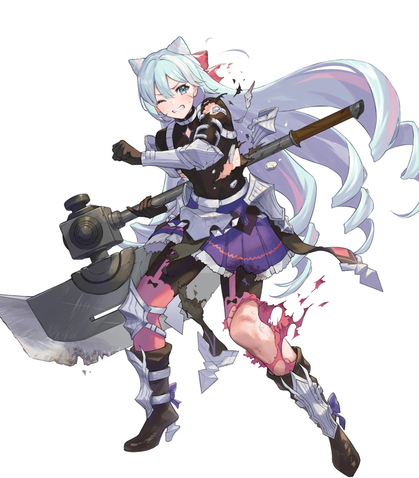 1boy ankle_ribbon axe black_gloves black_shirt blue_ribbon clenched_teeth cone_hair_bun damaged double_bun drill drill_hair fire_emblem fire_emblem_engage fire_emblem_heroes gloves hair_bun hair_ribbon highres holding holding_axe knee_guards leg_ribbon long_hair non-web_source official_art one_eye_closed otoko_no_ko pink_ribbon pleated_skirt ribbon rosado_(fire_emblem) shirt skirt solo teeth torn_clothes very_long_hair white_hair