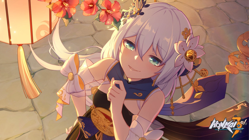 1girl :d bare_shoulders blue_eyes china_dress chinese_clothes cobblestone copyright_name dress flower hair_between_eyes hair_flower hair_ornament highres honkai_(series) honkai_impact_3rd lantern logo long_hair looking_at_viewer official_art paper_lantern red_flower second-party_source smile smirk solo tassel theresa_apocalypse white_hair zhuge_kongming_(honkai_impact)