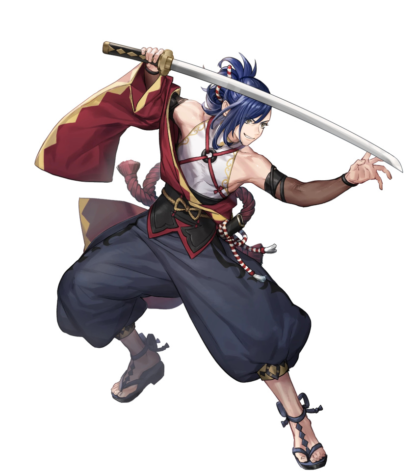 1boy attack bare_shoulders blue_hair fire_emblem fire_emblem_engage fire_emblem_heroes grin h hair_ornament hair_over_one_eye hair_up hairclip highres holding holding_sheath holding_sword holding_weapon japanese_clothes kagetsu_(fire_emblem) katana non-web_source official_art sandals sheath smile solo sword teeth v-shaped_eyebrows weapon