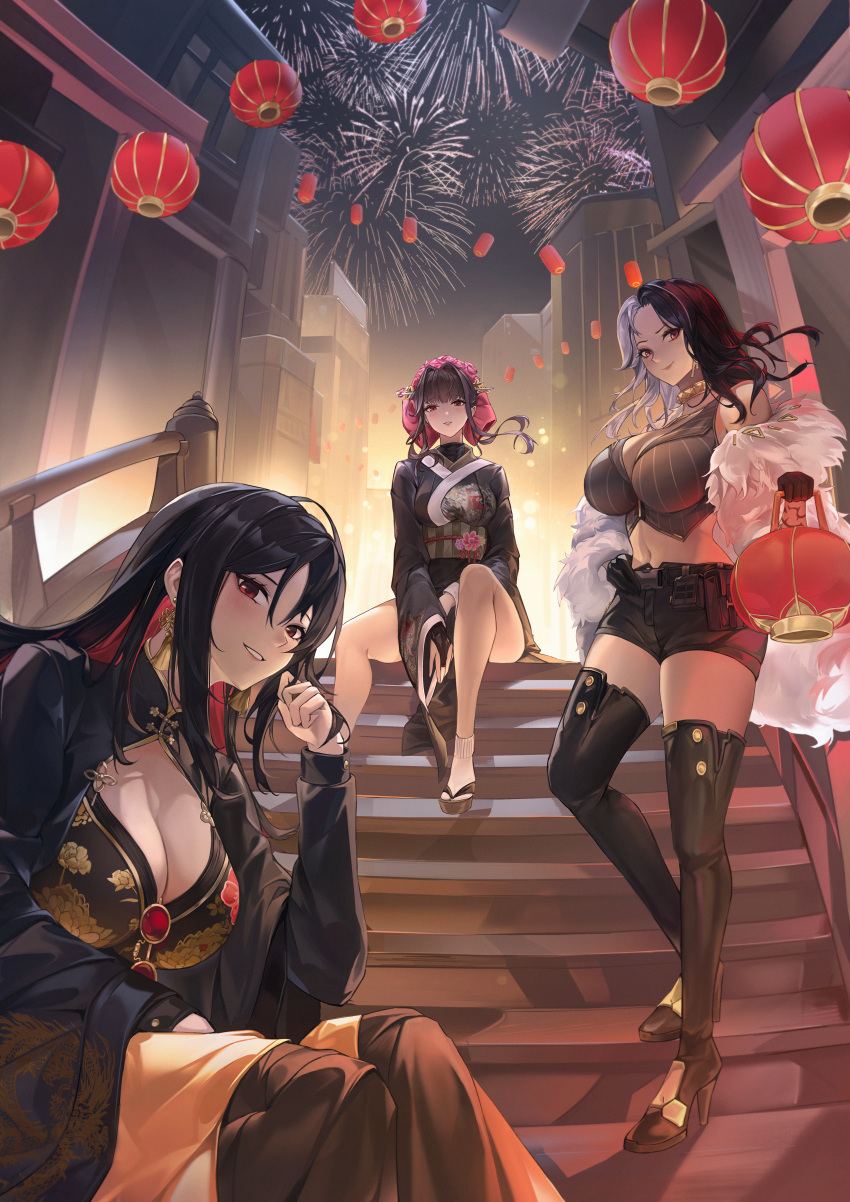 3girls absurdres aerial_fireworks bare_shoulders black_footwear black_gloves black_hair black_shorts boots breasts cleavage closed_mouth commentary_request eru_(eru_illust) fireworks full_body gloves goddess_of_victory:_nikke hair_ornament high_heel_boots high_heels highres holding holding_lantern lantern large_breasts long_hair long_sleeves looking_at_viewer midriff moran_(nikke) multicolored_hair multiple_girls navel night outdoors parted_bangs parted_lips red_eyes rosanna_(nikke) sakura_(nikke) short_shorts shorts sidelocks sitting smile standing thigh_boots thighs two-tone_hair underworld_queen_(nikke) white_hair