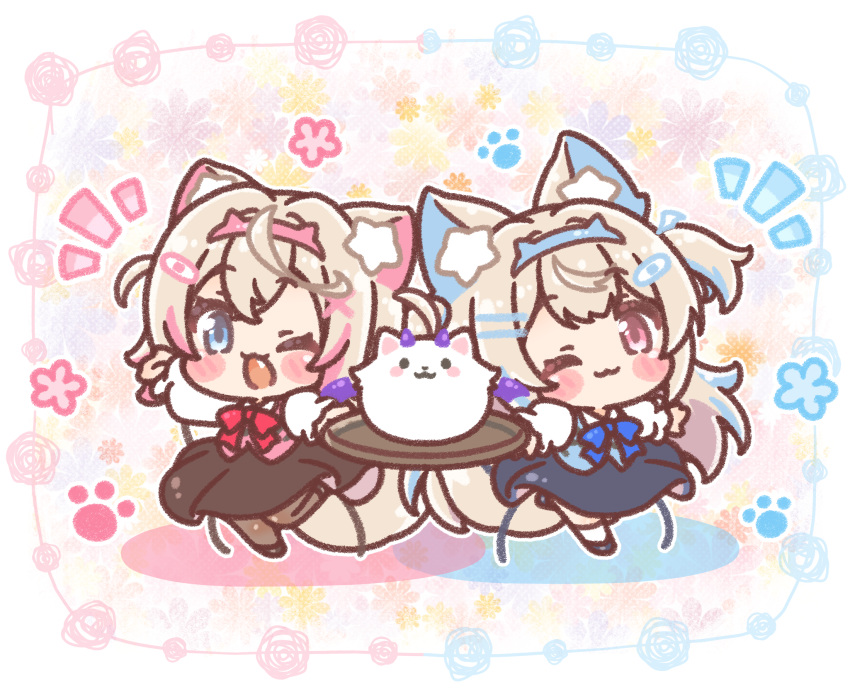 2girls :3 animal_ear_fluff animal_ears blonde_hair blue_eyes blue_hair breasts chibi closed_mouth dog_ears dog_girl fuwawa_abyssgard hair_ornament highres hololive hololive_english long_hair mitarashi_neko mococo_abyssgard multicolored_hair multiple_girls one_eye_closed open_mouth perroccino_(fuwamoco) pink_eyes pink_hair short_hair siblings sisters smile streaked_hair twins two_side_up virtual_youtuber