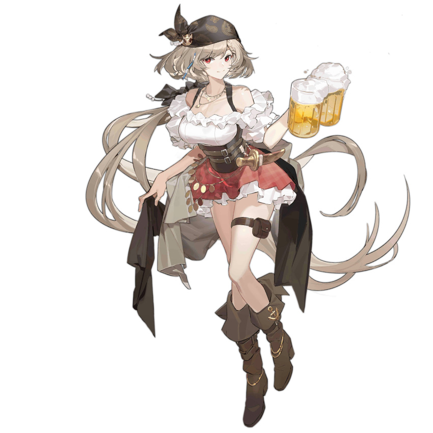 1girl alcohol anchor_ornament artist_request bandana beer beer_mug black_bandana black_ribbon boots breasts brown_corset brown_footwear brown_hair closed_mouth corset cup dagger dirndl full_body german_clothes girls'_frontline hair_ribbon high_heel_boots high_heels highres holding holding_cup jewelry knife kord_(captain_kord)_(girls'_frontline) kord_(girls'_frontline) large_breasts light_brown_hair long_hair looking_at_viewer mug necklace off-shoulder_shirt off_shoulder official_alternate_costume official_art plaid plaid_skirt red_eyes red_skirt ribbon sheath shirt simple_background skirt smile solo standing thigh_pouch third-party_source transparent_background very_long_hair weapon