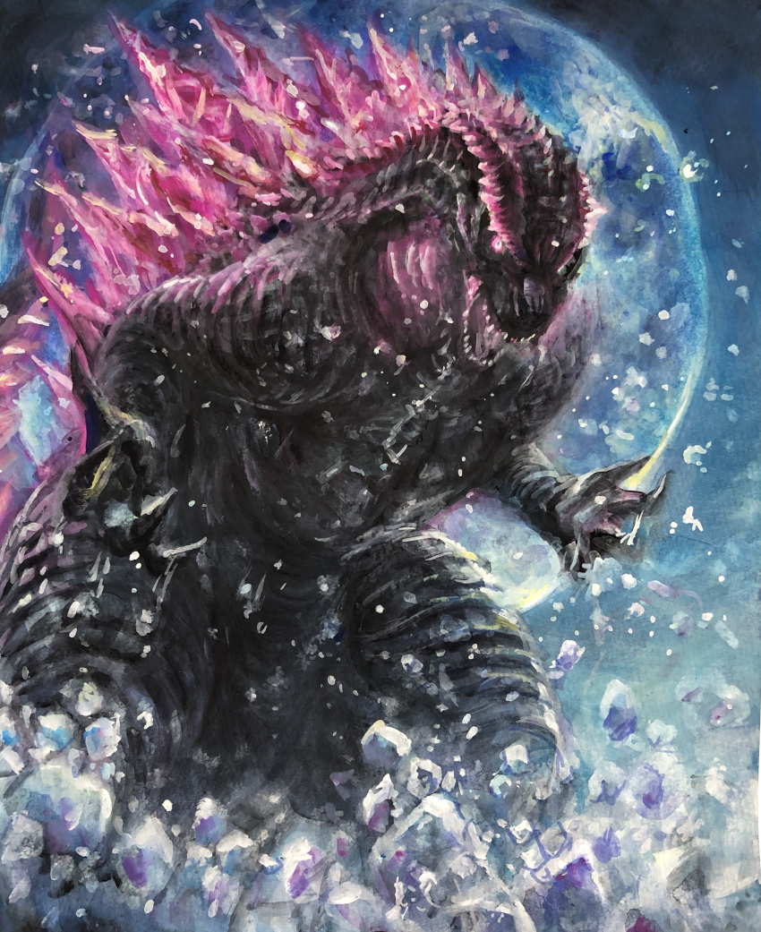 absurdres bioluminescence claws elbow_spikes evolved_godzilla fangs g.n.a giant giant_monster gills glowing glowing_mouth godzilla godzilla_(monsterverse) godzilla_(series) godzilla_x_kong_:_the_new_empire highres jaw kaijuu long_tail monster monsterverse no_humans open_mouth pink_eyes reptile reptilian scales sharp_teeth solo spiked_tail spines tail teeth