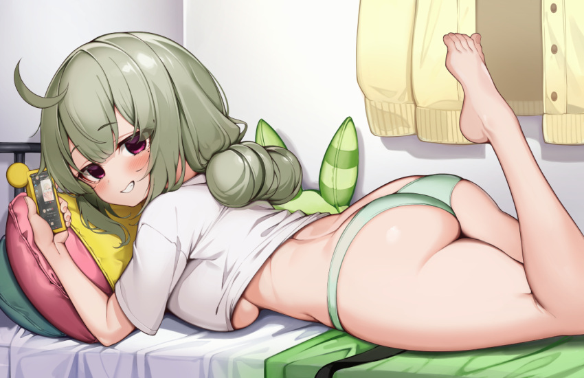 1girl araga_kiwi ass bare_legs barefoot blush breasts cellphone commentary double_bun english_commentary feet from_side green_hair green_panties hair_bun holding holding_phone indoors kaptivate large_breasts looking_at_viewer mahou_shoujo_ni_akogarete on_bed panties parted_lips phone pillow purple_eyes shirt short_sleeves smartphone smile t-shirt teeth thighs underwear white_shirt