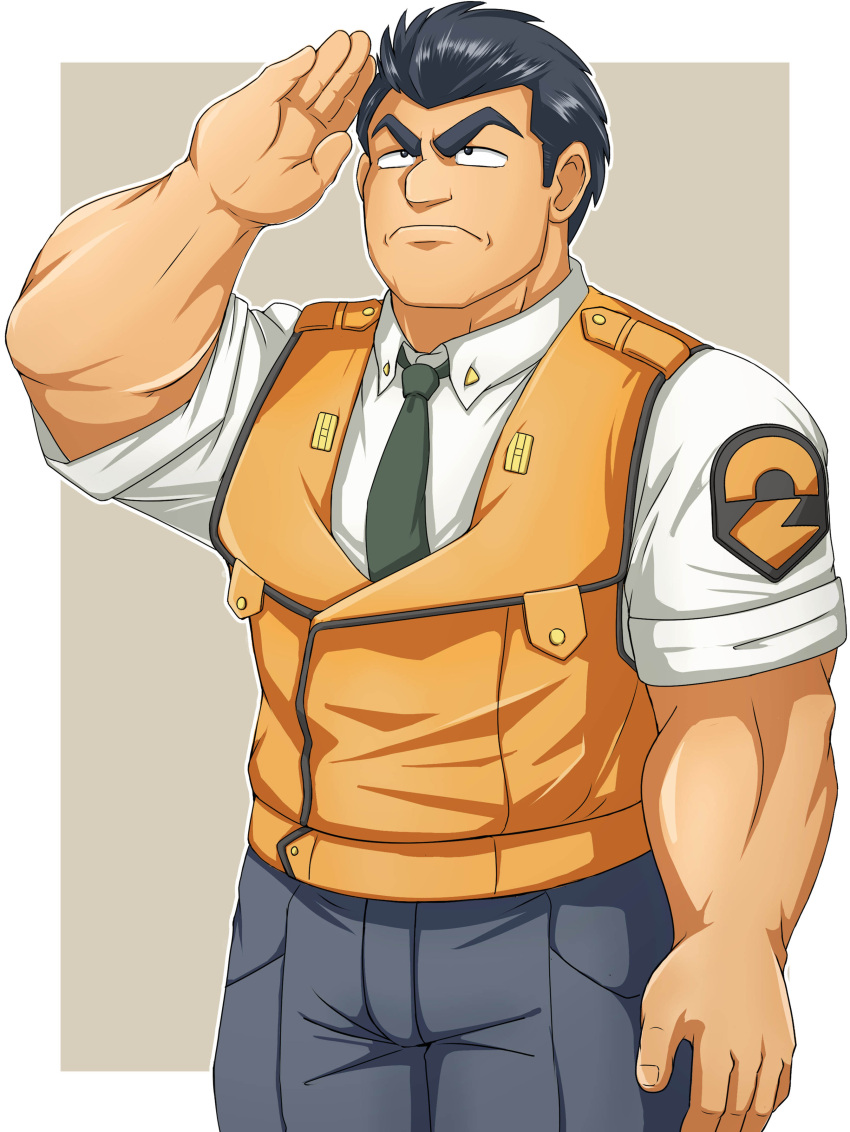 1boy absurdres bara black_hair black_necktie black_pants collared_shirt highres kidou_keisatsu_patlabor looking_up male_focus muscular necktie nomado_(nomayakko) oota_isao orange_vest pants police salute shirt short_hair short_sleeves simple_background solo standing thick_eyebrows uniform upper_body vest white_shirt