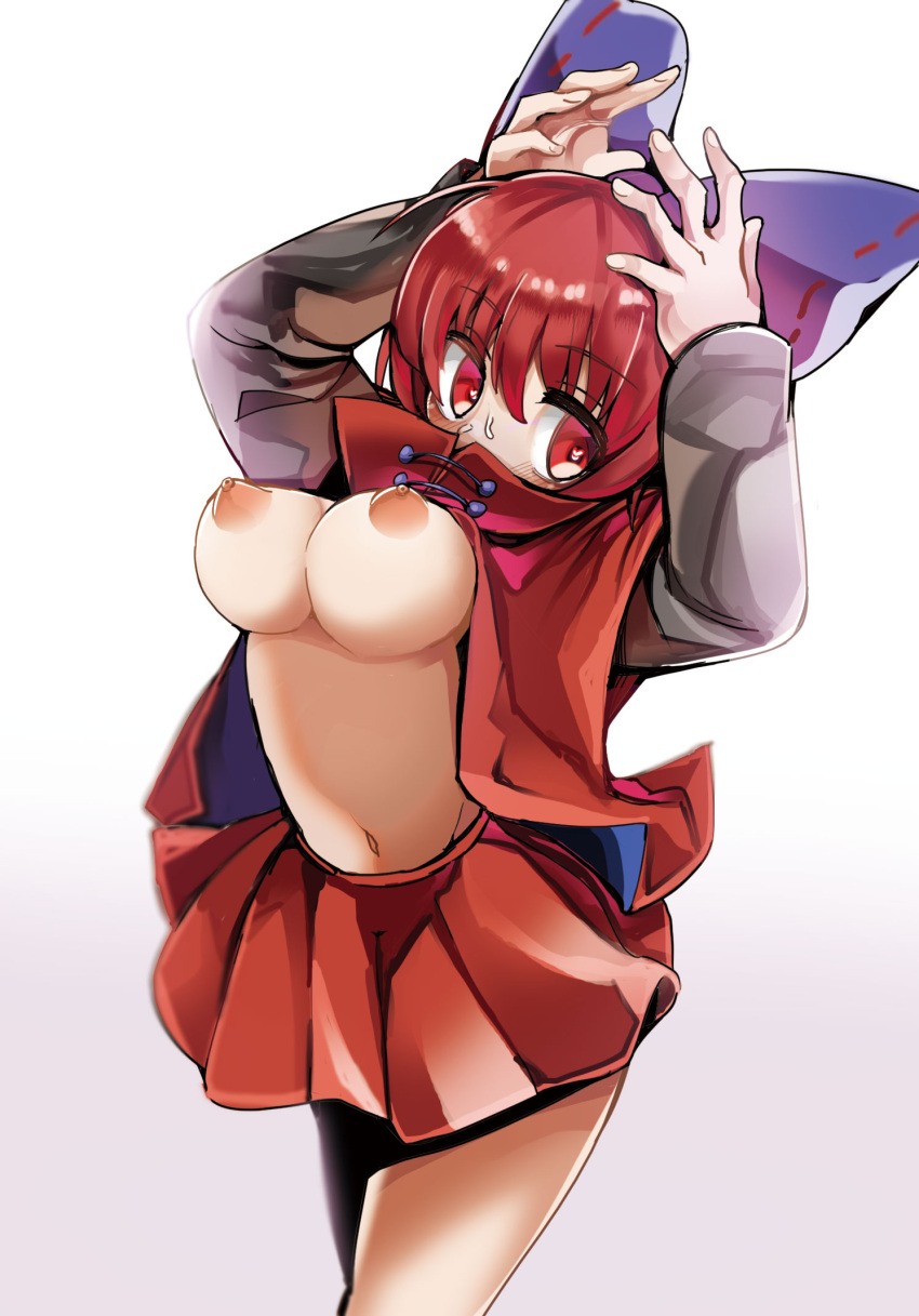 1girl arms_up blue_bow blush bow breasts cloak commentary_request cowboy_shot diz_(diznaoto) fingernails hair_between_eyes hair_bow hands_on_own_head heart heart-shaped_pupils highres large_breasts looking_at_viewer medium_bangs miniskirt navel nipples no_shirt red_cloak red_eyes red_hair red_skirt sekibanki short_hair simple_background skirt solo symbol-shaped_pupils touhou white_background