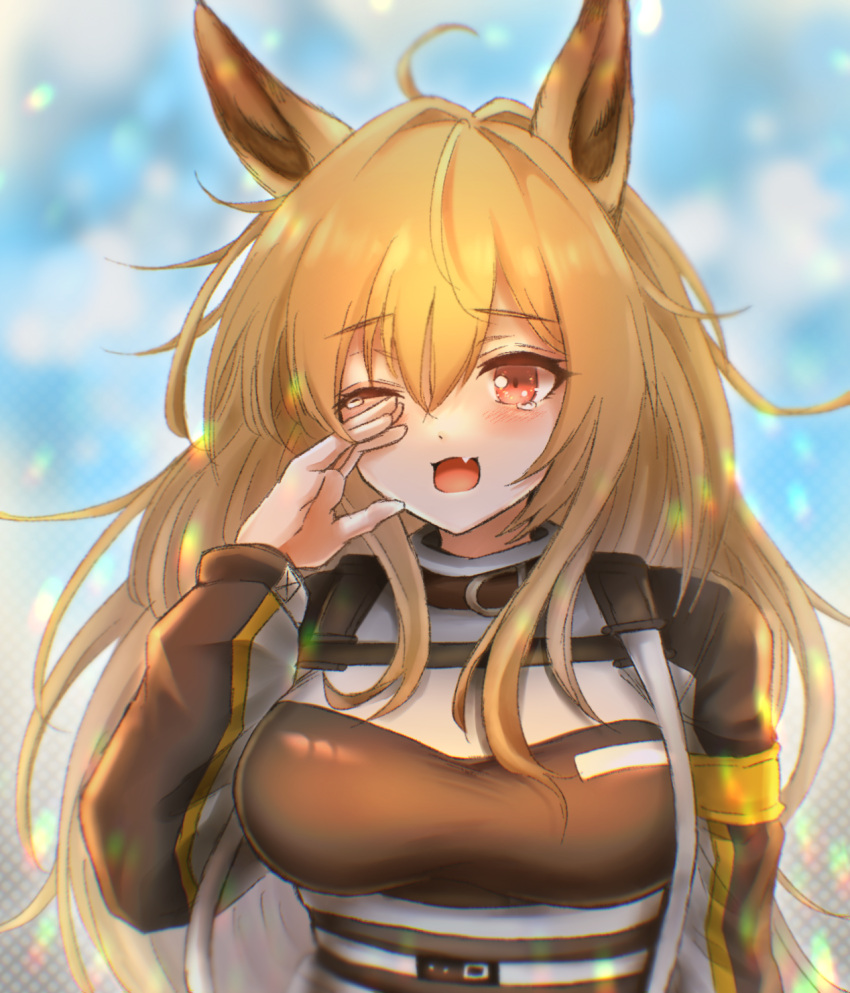 1girl 3_(sanyako1) animal_ears arknights blonde_hair blurry blush breasts brown_jacket ceobe_(arknights) commentary_request dog_ears dog_girl fang grey_jacket hair_between_eyes halftone hand_on_own_face highres jacket lens_flare long_hair long_sleeves looking_at_viewer medium_breasts messy_hair one_eye_closed open_mouth red_eyes skin_fang sleepy solo tearing_up unfinished upper_body yawning