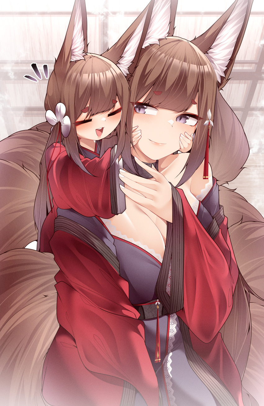 2girls absurdres amagi-chan_(azur_lane) amagi_(azur_lane) animal_ears azur_lane bare_shoulders between_legs blush breasts brown_hair carrying cleavage closed_eyes eyeshadow facing_viewer fox_ears fox_girl fox_tail full_body hair_between_eyes hair_ornament hairpin hand_between_legs hand_up hands_on_another's_cheeks hands_on_another's_face hands_up happy highres hug hug_from_behind japanese_clothes kimono kitsune large_breasts long_hair long_sleeves looking_at_another looking_back makeup mother_and_daughter multiple_girls multiple_tails off_shoulder open_mouth piggyback purple_eyes red_eyeshadow red_kimono samip slit_pupils smile tail teeth upper_teeth_only very_long_hair wide_sleeves