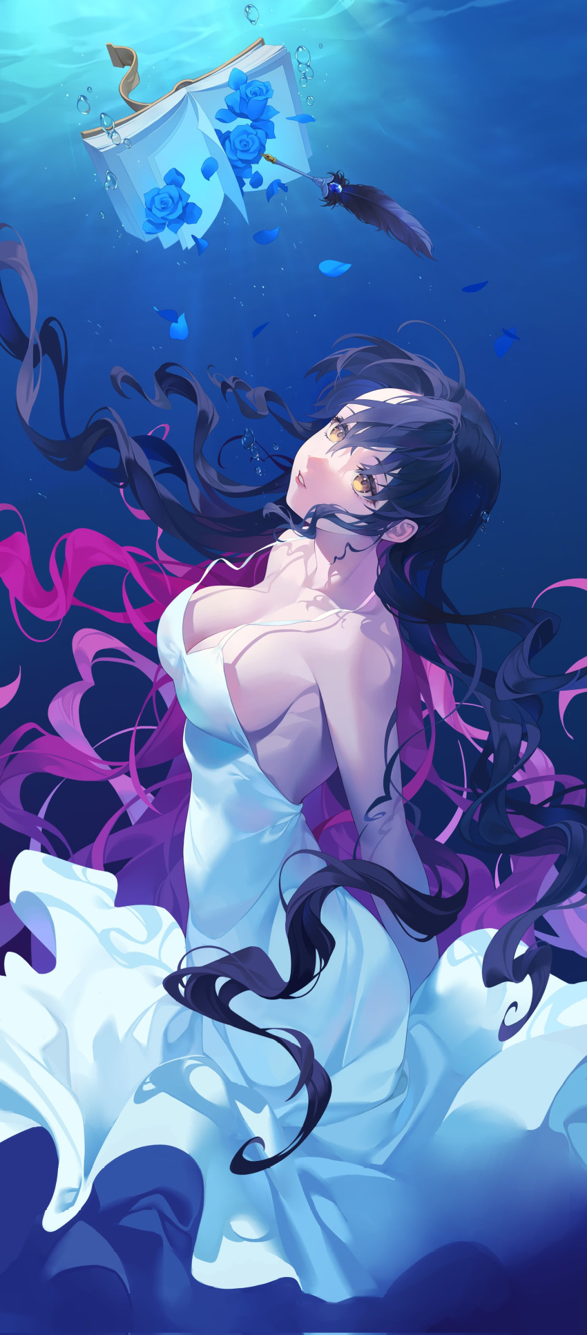 1girl absurdres black_hair blue_flower blue_rose book breasts dress fate/extra fate/extra_ccc fate/grand_order fate_(series) flower highres large_breasts long_hair looking_up may_(2747513627) multicolored_hair parted_lips petals purple_hair quill rose sessyoin_kiara solo two-tone_hair underwater very_long_hair wavy_hair white_dress yellow_eyes