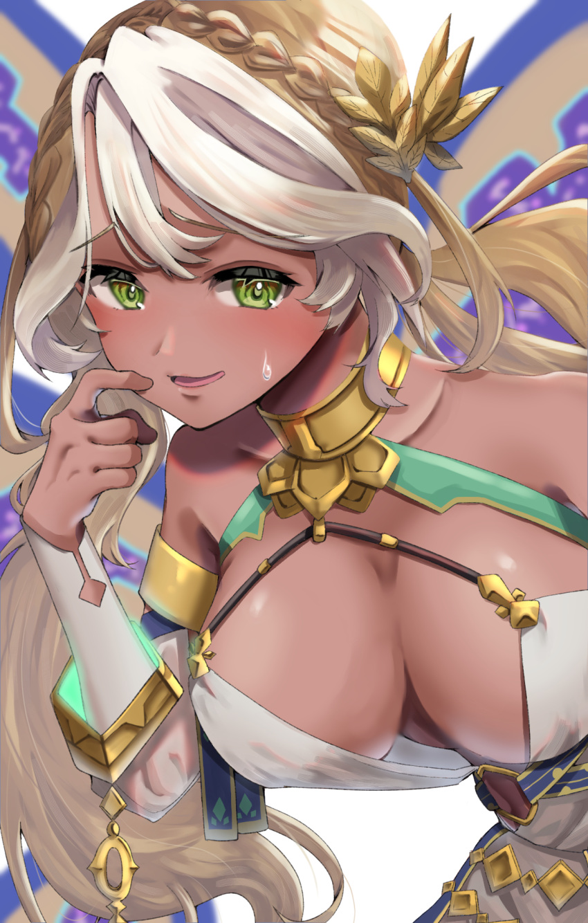 1girl andromeda_(fate) blonde_hair braid breasts cleavage crown_braid dark-skinned_female dark_skin fate/grand_order fate_(series) green_eyes highres large_breasts long_hair low_twintails pon-de-c2 scratching_cheek twintails