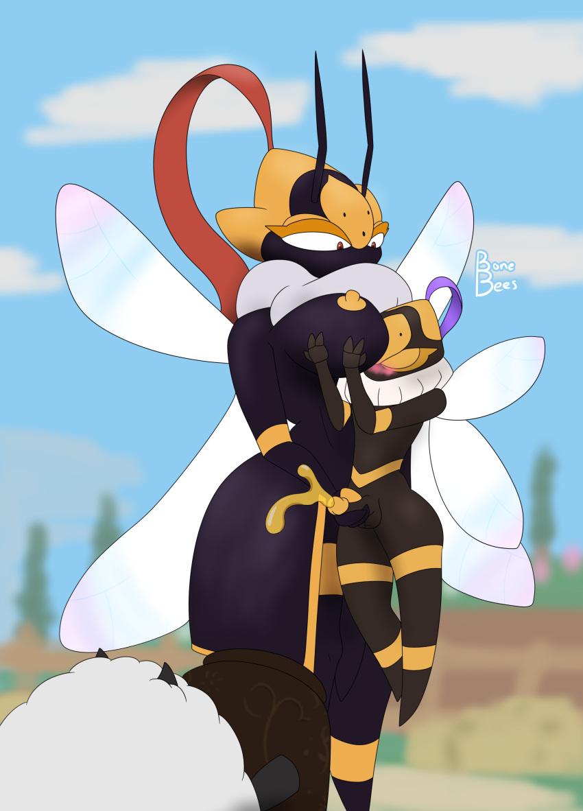 absurd_res antennae_(anatomy) anthro beegarde big_breasts black_body blushing_profusely bodily_fluids bonebees breasts cum elizabee female flavored_cum food genital_fluids girly group handjob hi_res holding_breast honey_(food) honey_cum lamball larger_female male male/female multicolored_body neck_tuft nipples pal_(species) palworld penile pocketpair pottery red_eyes sex size_difference smaller_male trio tuft two_tone_body unusual_bodily_fluids unusual_cum unusual_genital_fluids wings yellow_nipples