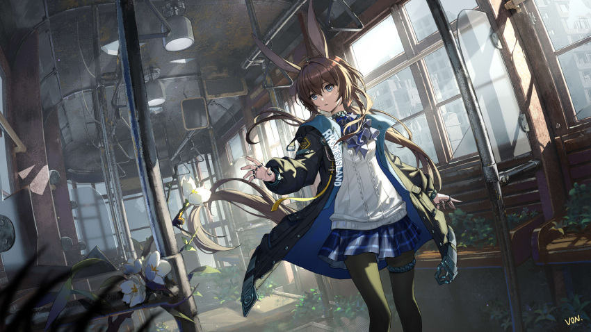 1girl absurdres amiya_(arknights) animal_ears arknights black_coat black_pantyhose blender_(medium) blue_bow blue_bowtie blue_eyes blue_skirt bow bowtie brown_hair chinese_commentary coat commentary_request flower hand_grip hand_up highres indoors jewelry long_hair multiple_rings pantyhose parted_lips pleated_skirt ponytail rabbit_ears rabbit_girl ring shirt skirt solo train_interior very_long_hair von_(657932285) white_flower white_shirt window
