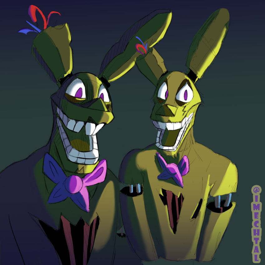 absurd_res anthro bow_(feature) duo five_nights_at_freddy's five_nights_at_freddy's_3 grey_background hi_res human invalid_tag looking_at_viewer looking_down male mammal mechtal open_mouth scottgames simple_background smile solo spring_bonnie_(fnaf) springtrap_(fnaf) wire