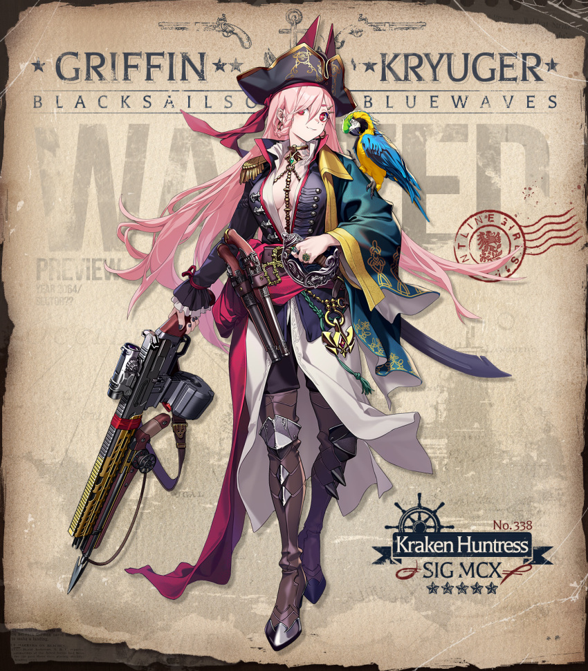 1girl :3 animal_on_shoulder antique_firearm armored_boots belt bird black_coat black_headwear black_pants blue_coat boots braid breasts brown_belt brown_footwear character_name cleavage closed_mouth coat commentary copyright_name cutlass earrings english_commentary epaulettes firelock flintlock full_body girls'_frontline gun hair_between_eyes hair_ornament hairclip hand_on_handle harpoon harpoon_gun hat highres holding holding_gun holding_weapon jewelry large_breasts long_hair long_sleeves mole mole_under_eye multiple_rings necklace necklace_between_breasts official_alternate_costume official_art open_clothes open_coat open_shirt ornate_ring overcoat pants parrot pink_hair pirate pirate_hat poster_(object) red_eyes rifle ring second-party_source shirt sig_mcx sig_mcx_(girls'_frontline) sig_mcx_(kraken_huntress)_(girls'_frontline) single_braid single_epaulette smile solo stamp_mark standing thigh_boots tricorne very_long_hair wanted weapon white_shirt yitiao_er-hua