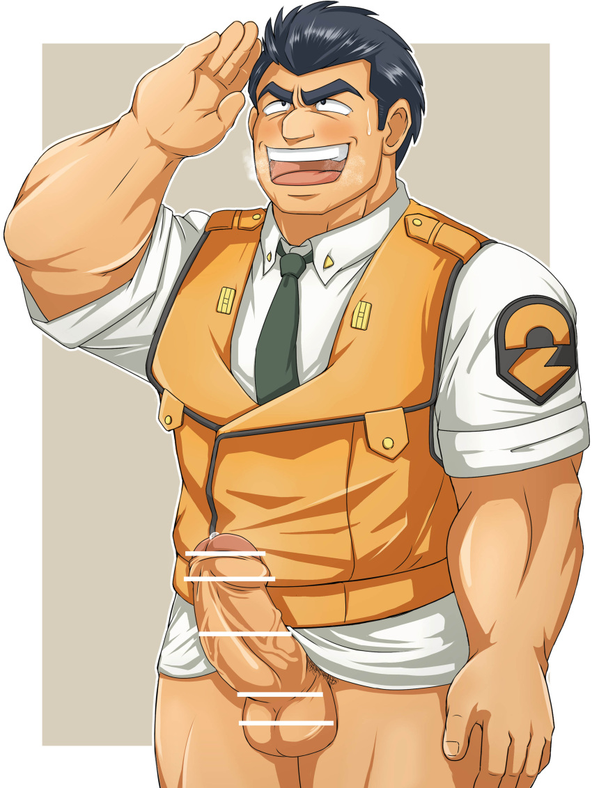 1boy absurdres bar_censor bara black_hair black_necktie black_pants blush censored collared_shirt erection foreskin highres kidou_keisatsu_patlabor looking_up male_focus muscular necktie no_pants nomado_(nomayakko) oota_isao open_mouth orange_vest pants penis police precum salute shirt short_hair short_sleeves simple_background smile solo standing steaming_body sweatdrop thick_eyebrows uniform upper_body veins veiny_penis vest white_shirt