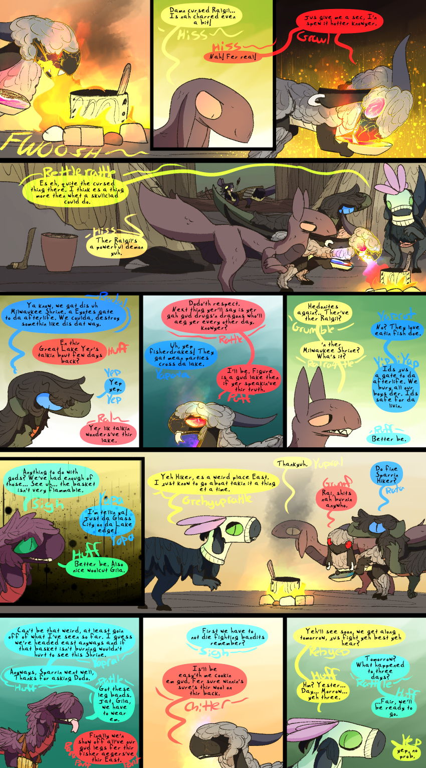 absurd_res campfire comic dialogue dinosaur dodo_(thepatchedragon) doerate_(thepatchedragon) dragon dragonscape drekir dromaeosaurid elemental_manipulation fantasy female feral fire fire_manipulation gila_(thepatchedragon) group hi_res hiker_(thepatchedragon) jat_(thepatchedragon) male post-apocalyptic reptile scalie text thepatchedragon theropod village