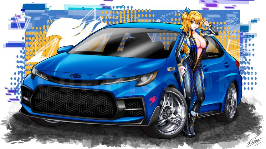 1girl black_bodysuit black_footwear blue_ribbon bodysuit boots breasts brown_eyes car cleavage commission english_commentary fairy_tail hair_behind_ear hair_ribbon hand_on_own_hip hand_tattoo high_heel_boots high_heels highres imrinzlergtz_art large_breasts long_hair looking_at_viewer lucy_heartfilia motor_vehicle one_side_up race_queen ribbon signature smile tattoo toyota toyota_corolla v vehicle_focus very_long_hair watermark