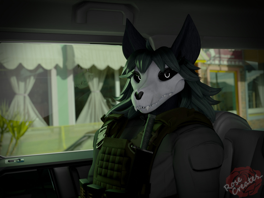 3d_(artwork) 4:3 anthro black_body black_fur blender_(software) bone bulletproof_vest canid canine car clothed clothing detailed_background digital_media_(artwork) female fur hair hi_res inside inside_car knife looking_at_viewer malo mammal monster plate_carrier rosecreates scp-1471 scp-1471-a scp_foundation skull skull_head skulldog_(species) solo topwear vehicle