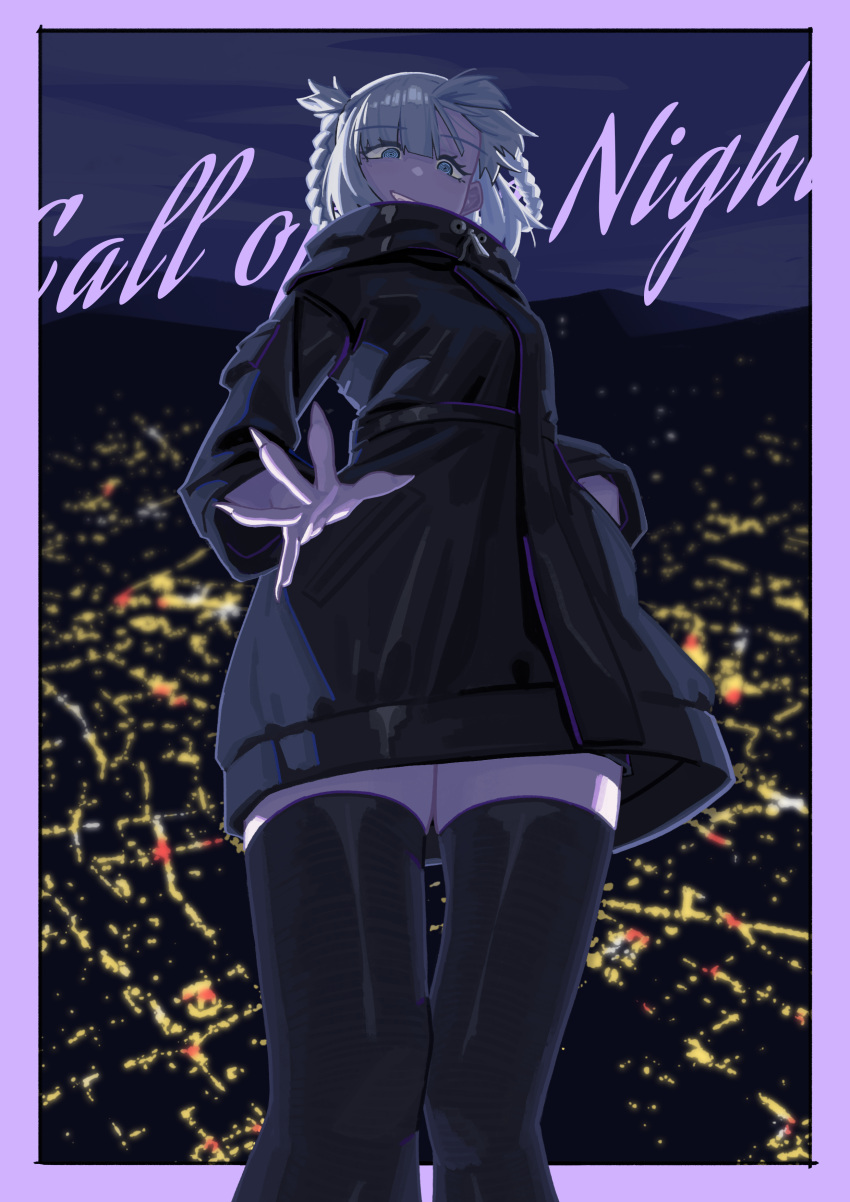 1girl absurdres blue_eyes city highres legs looking_at_viewer nanakusa_nazuna_(yofukashi_no_uta) night smile solo thick_thighs thighhighs thighs yofukashi_no_uta zhu_xiaobai