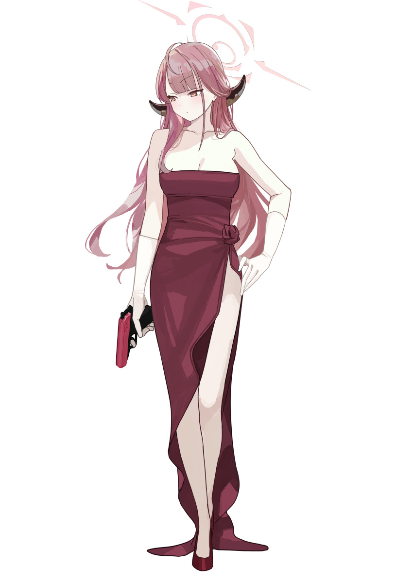 1girl absurdres aru_(blue_archive) aru_(dress)_(blue_archive) blue_archive blush breasts brown_eyes brown_horns cleavage closed_mouth collarbone demon_horns dress full_body gloves gun halo handgun highres holding holding_gun holding_weapon horns large_breasts long_hair official_alternate_costume pink_hair pink_halo red_dress red_footwear shoes simple_background solo tnr_(horiko1525) walther walther_ppk weapon white_background white_gloves
