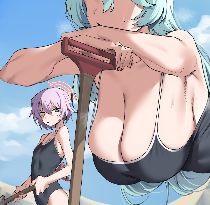 2girls abydos_high_school_swimsuit bare_arms bare_shoulders black_one-piece_swimsuit blue_archive blue_eyes breast_envy breasts cleavage day green_hair hair_between_eyes halo hanging_breasts heterochromia highres hoshino_(blue_archive) hoshino_(young)_(blue_archive) huge_breasts long_hair multiple_girls one-piece_swimsuit outdoors pink_hair pink_halo short_hair sideboob simple_background small_breasts sweat swimsuit urec white_background yellow_eyes yume_(blue_archive)