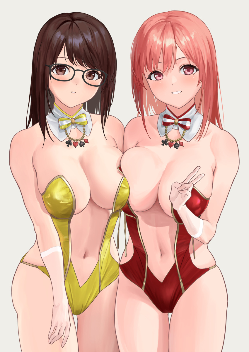 2girls absurdres bare_shoulders black-framed_eyewear black_hair blush breasts brown_eyes cleavage commentary_request dead_or_alive dead_or_alive_xtreme detached_collar elbow_gloves glasses gloves gold_trim grey_background hand_up head_tilt highres hoki1314 honoka_(doa) large_breasts leotard multiple_girls navel parted_lips pink_eyes pink_hair red_leotard see-through smile stomach strapless strapless_leotard thighs tsukushi_(doa) v yellow_leotard