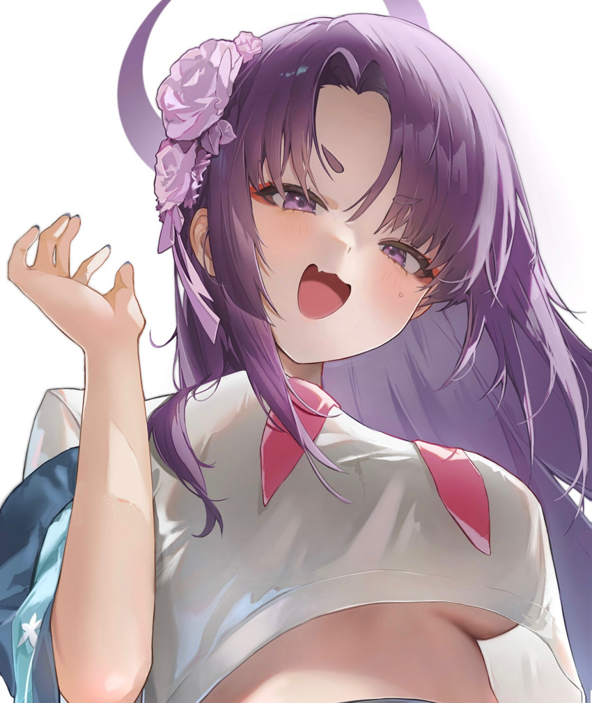 1girl absurdres blue_archive blush breasts eyeliner fang flower hair_flower hair_ornament halo haori highres hisiya_(wldn1112) japanese_clothes large_breasts long_hair looking_at_viewer makeup neckerchief open_mouth purple_eyes purple_flower purple_hair purple_halo red_eyeliner red_neckerchief simple_background skin_fang solo underboob upper_body white_background yukari_(blue_archive)