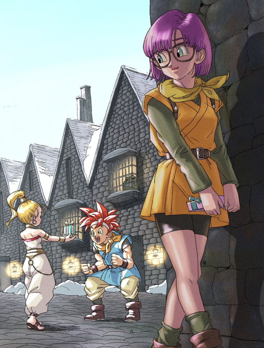 2boys 2girls belt belt_buckle black-framed_eyewear blue_eyes blush bob_cut box brown_belt buckle chrono_trigger closed_mouth commentary_request crono_(chrono_trigger) frog_(chrono_trigger) frog_boy gift gift_box glasses green_eyes headband highres holding holding_gift lips long_hair long_sleeves looking_at_another lucca_ashtear marle_(chrono_trigger) mixed-language_commentary multiple_boys multiple_girls muscular muscular_male outdoors pants pink_lips ponytail red_hair short_hair sky sleeveless smile spiked_hair toriyama_akira_(style) valentine white_headband white_pants window yuto_sakurai