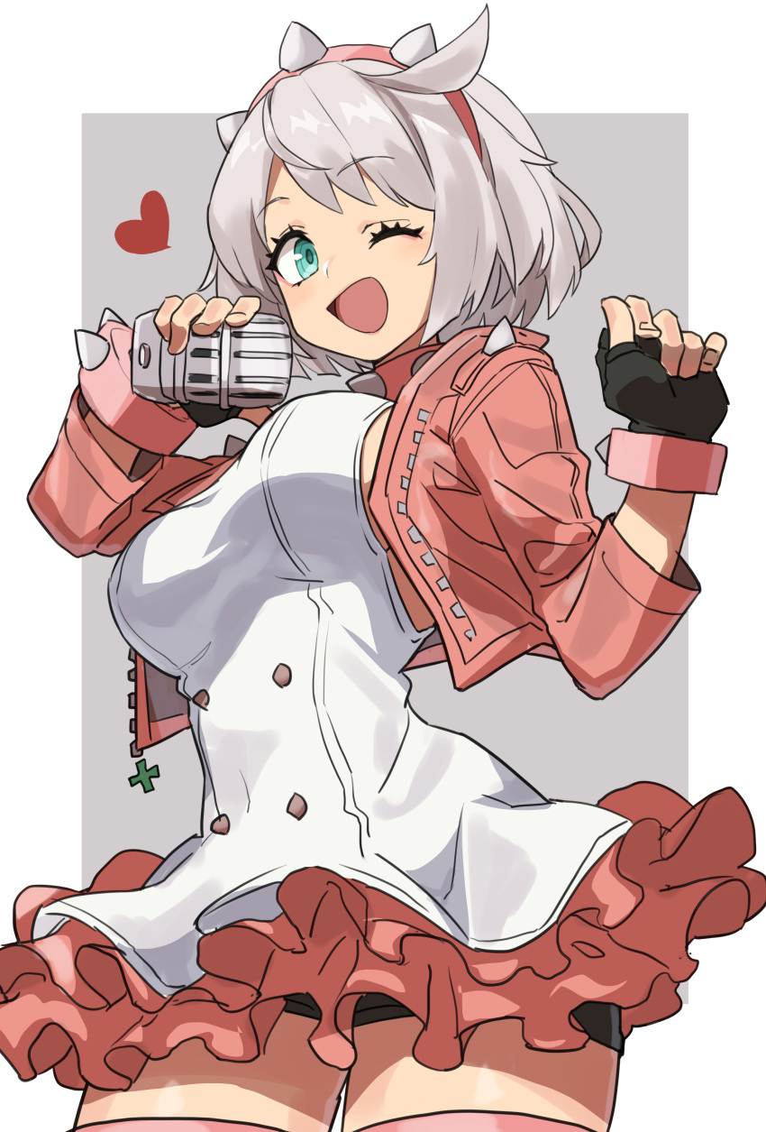 1girl absurdres ahoge blue_eyes breasts cropped_jacket dress elphelt_valentine fingerless_gloves gazacy_(dai) gloves guilty_gear guilty_gear_strive hairband heart highres holding holding_microphone jacket large_breasts microphone one_eye_closed open_clothes open_jacket pink_jacket pink_thighhighs red_dress short_hair simple_background solo spiked_hairband spikes thighhighs white_hair