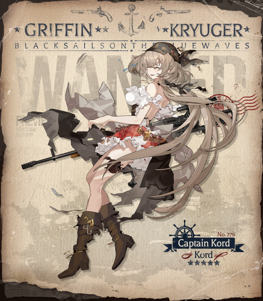 1girl anchor_ornament artist_request bandana black_bandana black_ribbon blush boots breasts broken_necklace brown_corset brown_footwear brown_hair character_name closed_eyes commentary copyright_name corset dagger dirndl english_commentary full_body german_clothes girls'_frontline hair_ribbon high_heel_boots high_heels highres jewelry knife kord_(captain_kord)_(girls'_frontline) kord_(girls'_frontline) kord_6p50 large_breasts light_brown_hair long_hair necklace off-shoulder_shirt off_shoulder official_alternate_costume official_art plaid plaid_skirt poster_(object) red_skirt ribbon second-party_source sheath shirt skirt smile solo stamp_mark star_(symbol) thigh_pouch tongue tongue_out torn_bag torn_bandana torn_clothes torn_corset torn_footwear torn_skirt very_long_hair wanted weapon