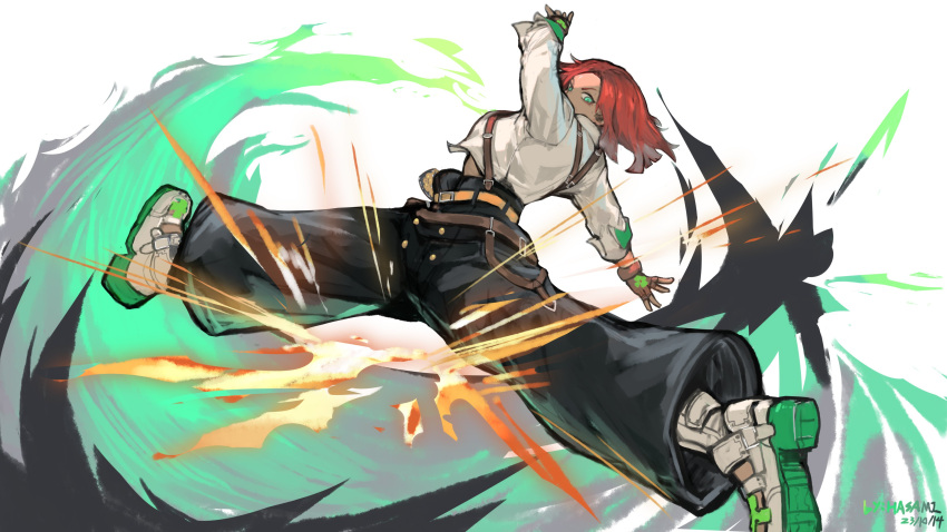 1girl absurdres arm_up artist_name belt black_pants buttons clover_print collared_shirt dated explosion fingerless_gloves fire frown giovanna_(guilty_gear) gloves green_fire grey_hair guilty_gear guilty_gear_strive highres hua_ha_jiazi jumping long_sleeves looking_at_viewer medium_hair multicolored_hair orange_belt outstretched_arm pants red_gloves red_hair sandals shirt shoe_soles solo spread_legs strap streaked_hair two-tone_hair white_background white_footwear white_shirt