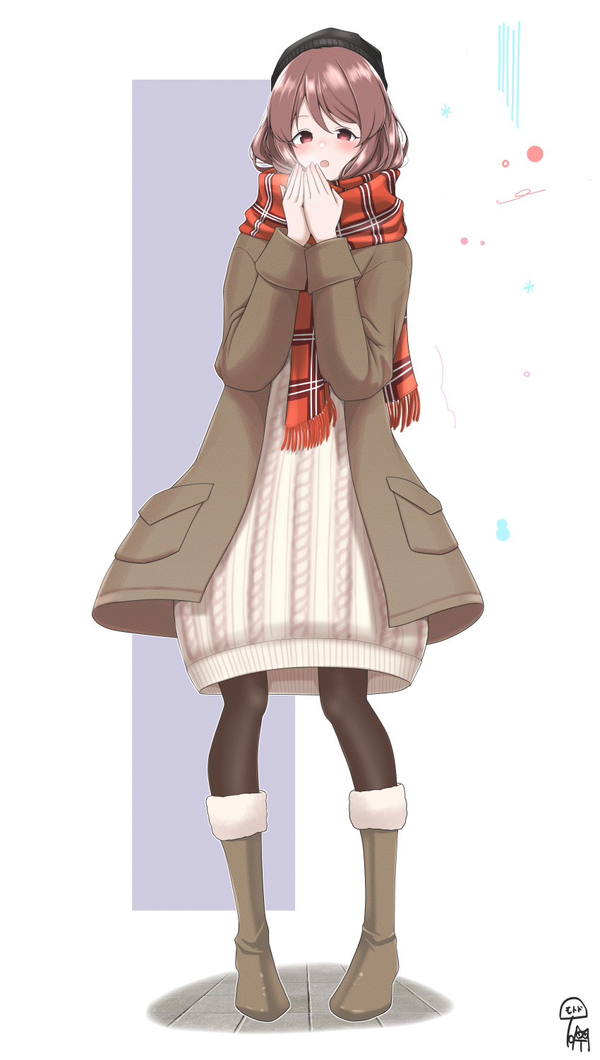 1girl absurdres aran_sweater beanie black_headwear black_pantyhose boots brown_coat brown_eyes brown_footwear brown_hair cable_knit coat dress enpera full_body fur-trimmed_boots fur_trim hands_up hat highres idolmaster idolmaster_cinderella_girls long_sleeves mifune_miyu motodouryou open_clothes open_coat open_mouth pantyhose plaid plaid_scarf red_scarf scarf shirt solo sweater sweater_dress white_background white_dress white_shirt