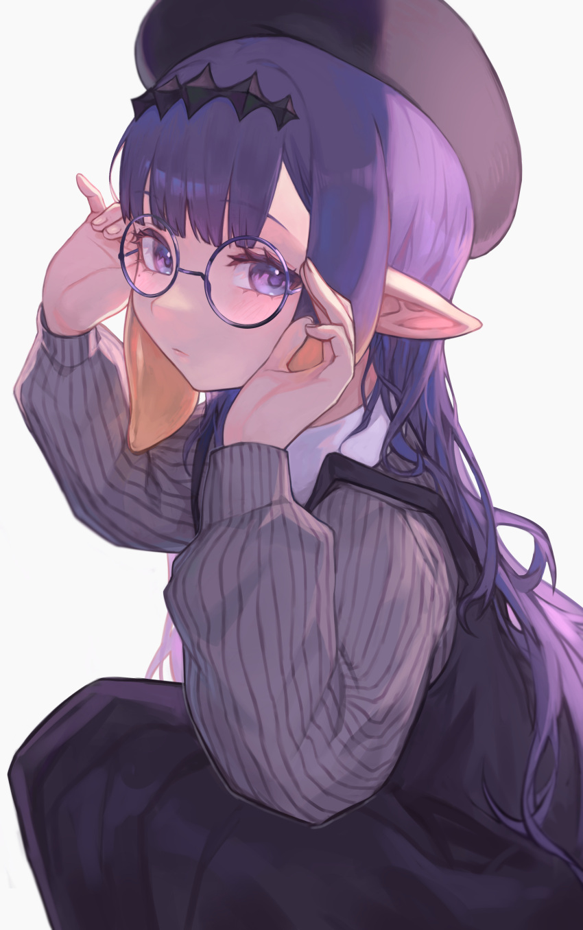1girl absurdres adjusting_eyewear beret black_dress black_headwear blunt_bangs blush center-flap_bangs closed_mouth commentary double-parted_bangs dress eyelashes glasses gradient_hair grey_shirt hands_up hat highres hololive hololive_english kiwwwwwi long_hair long_sleeves looking_at_viewer looking_to_the_side multicolored_hair ninomae_ina'nis ninomae_ina'nis_(casual) official_alternate_costume orange_hair pinafore_dress pinstripe_pattern pinstripe_shirt pointy_ears puffy_long_sleeves puffy_sleeves purple_eyes purple_hair round_eyewear shirt sidelocks simple_background sleeveless sleeveless_dress solo striped_clothes striped_shirt tentacle_hair vertical-striped_clothes vertical-striped_shirt very_long_hair virtual_youtuber white_background