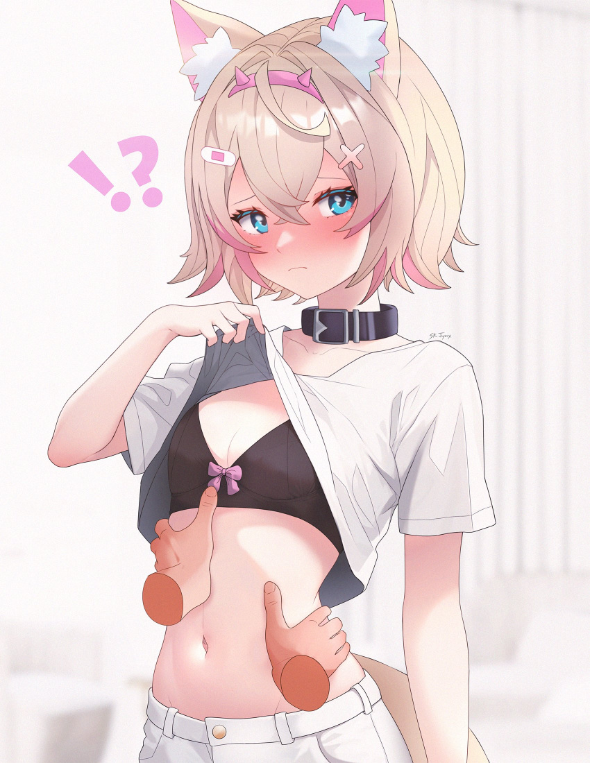 !? 1girl 1other animal_ears bandaid bandaid_hair_ornament black_collar blonde_hair blue_eyes blurry blurry_background blush breasts closed_mouth clothes_lift collar cropped_shirt disembodied_limb dog_ears dog_girl dog_tail hair_ornament hands_on_another's_stomach highres hololive hololive_english horn_hairband lifted_by_self looking_at_viewer mococo_abyssgard mococo_abyssgard_(1st_costume) multicolored_hair no_pants nose_blush panties pink_hair pink_panties shirt shirt_hold shirt_lift short_sleeves simple_background sk_jynx small_breasts streaked_hair tail underwear upper_body virtual_youtuber white_background white_shirt x_hair_ornament