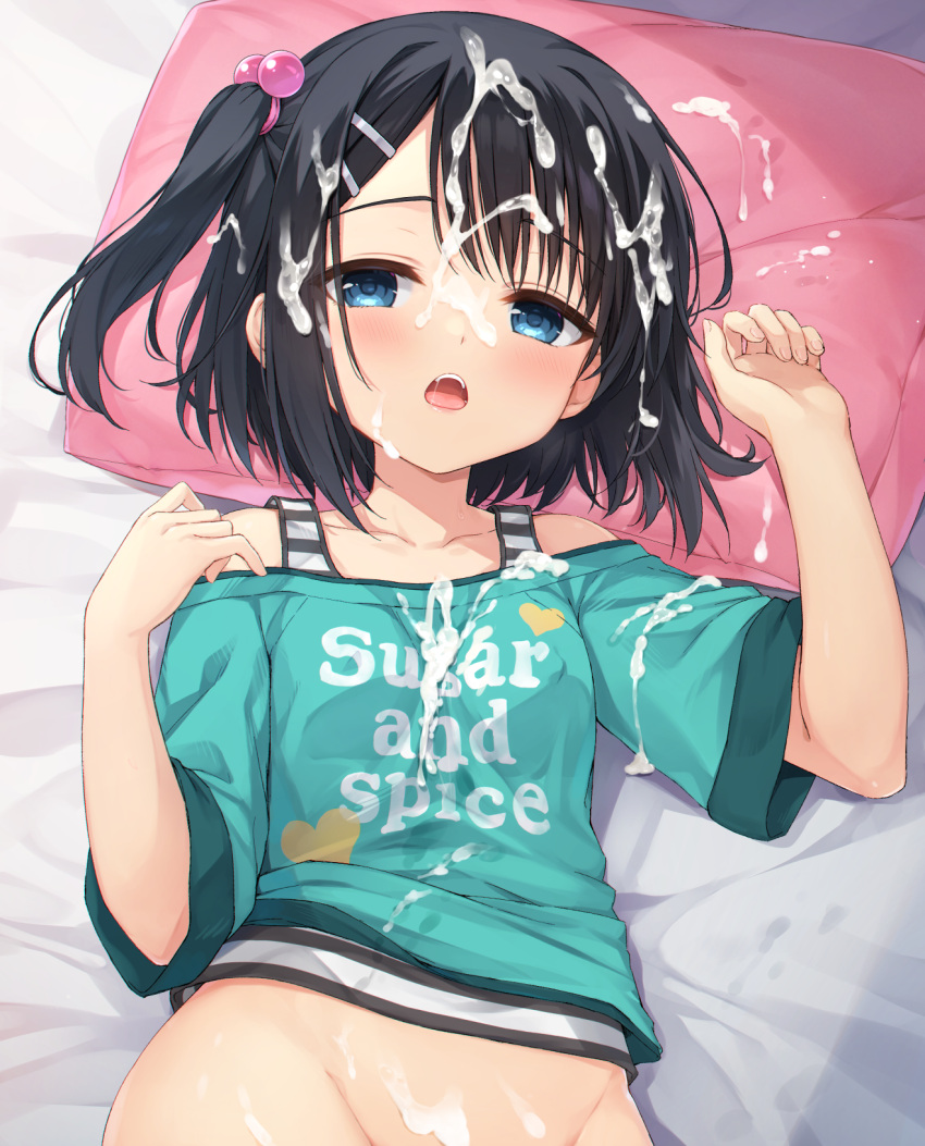 1girl aqua_shirt bare_shoulders bed_sheet black_hair blue_eyes blush breasts clothes_writing cofetaru collarbone commentary covered_nipples cum cum_on_bed cum_on_body cum_on_clothes cum_on_hair cum_on_stomach dracu-riot! english_text facial fingernails groin hair_between_eyes hair_bobbles hair_ornament hairclip hands_up head_on_pillow heart heart_print highres looking_at_viewer lying mera_azusa off-shoulder_shirt off_shoulder on_back one_side_up open_mouth out-of-frame_censoring pillow pink_pillow saliva shirt short_hair short_sleeves small_breasts solo teeth tsurime upper_body upper_teeth_only wide_sleeves