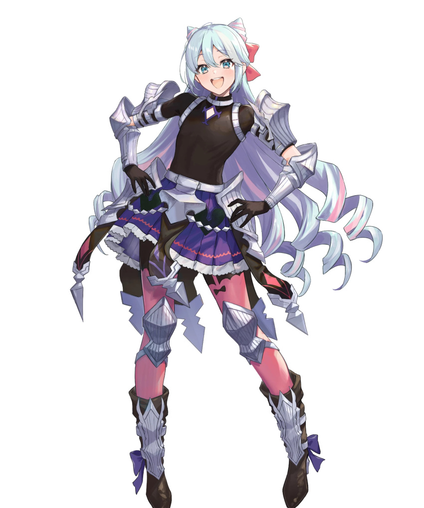 1boy ankle_ribbon black_gloves black_shirt blue_ribbon cone_hair_bun double_bun drill drill_hair fire_emblem fire_emblem_engage fire_emblem_heroes gloves hair_bun hair_ribbon hands_on_own_hips highres knee_guards leg_ribbon long_hair looking_at_viewer non-web_source official_art otoko_no_ko pink_ribbon pleated_skirt ribbon rosado_(fire_emblem) shirt skirt smile solo tachi-e very_long_hair white_hair