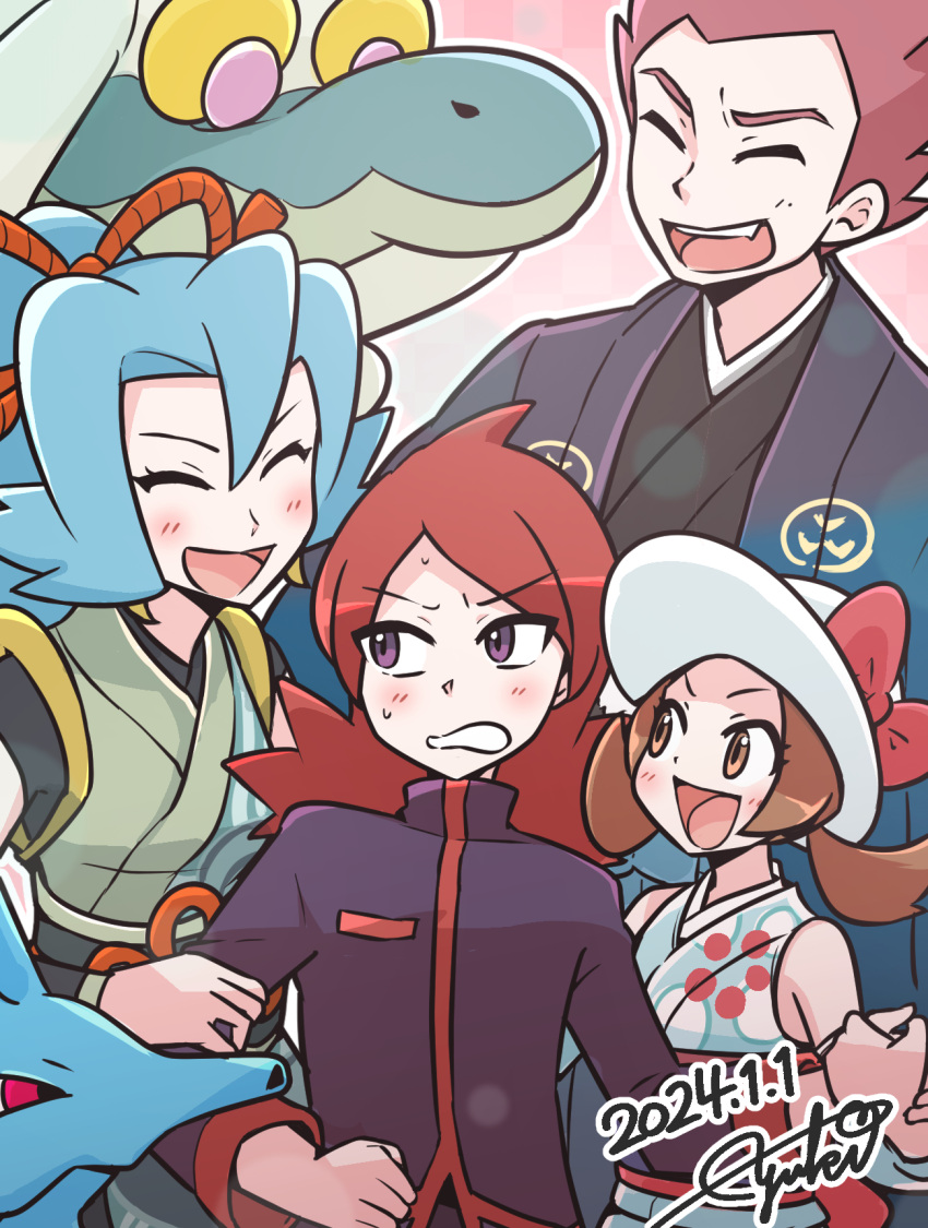 2boys 2girls blindfold blue_hair brown_eyes clair_(new_year's_2024)_(pokemon) clair_(pokemon) closed_eyes dated drampa highres japanese_clothes kimono kingdra lance_(new_year's_2021)_(pokemon) lance_(pokemon) lyra_(pokemon) lyra_(summer_2020)_(pokemon) multiple_boys multiple_girls official_alternate_costume open_mouth pokemon pokemon_hgss pokemon_masters_ex ponytail red_eyes red_hair signature silver_(pokemon) smile yuki_mura_1031