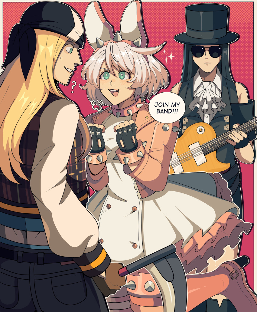 1boy 1girl 1other absurdres ahoge ascot axl_low bandana bare_shoulders black_hair black_headwear blonde_hair blue_eyes bobamiruku bracelet collar dress elphelt_valentine fingerless_gloves gloves guilty_gear guilty_gear_strive guitar hairband hat highres huge_ahoge instrument jacket jewelry long_hair long_sleeves open_mouth pants pink_hairband pink_jacket short_hair smile spiked_bracelet spiked_collar spiked_hairband spiked_jacket spikes testament_(guilty_gear) top_hat white_ascot white_hair