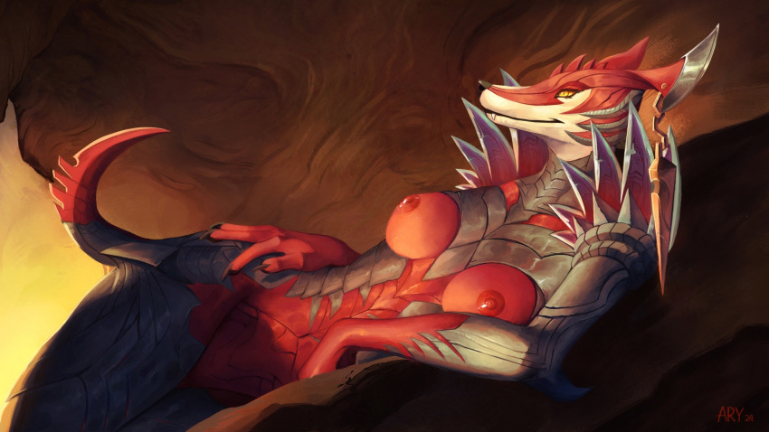 anthro areola arylena breasts canid canine canis demon female hi_res league_of_legends looking_at_viewer mammal naafiri_(lol) nipples nude red_body riot_games solo