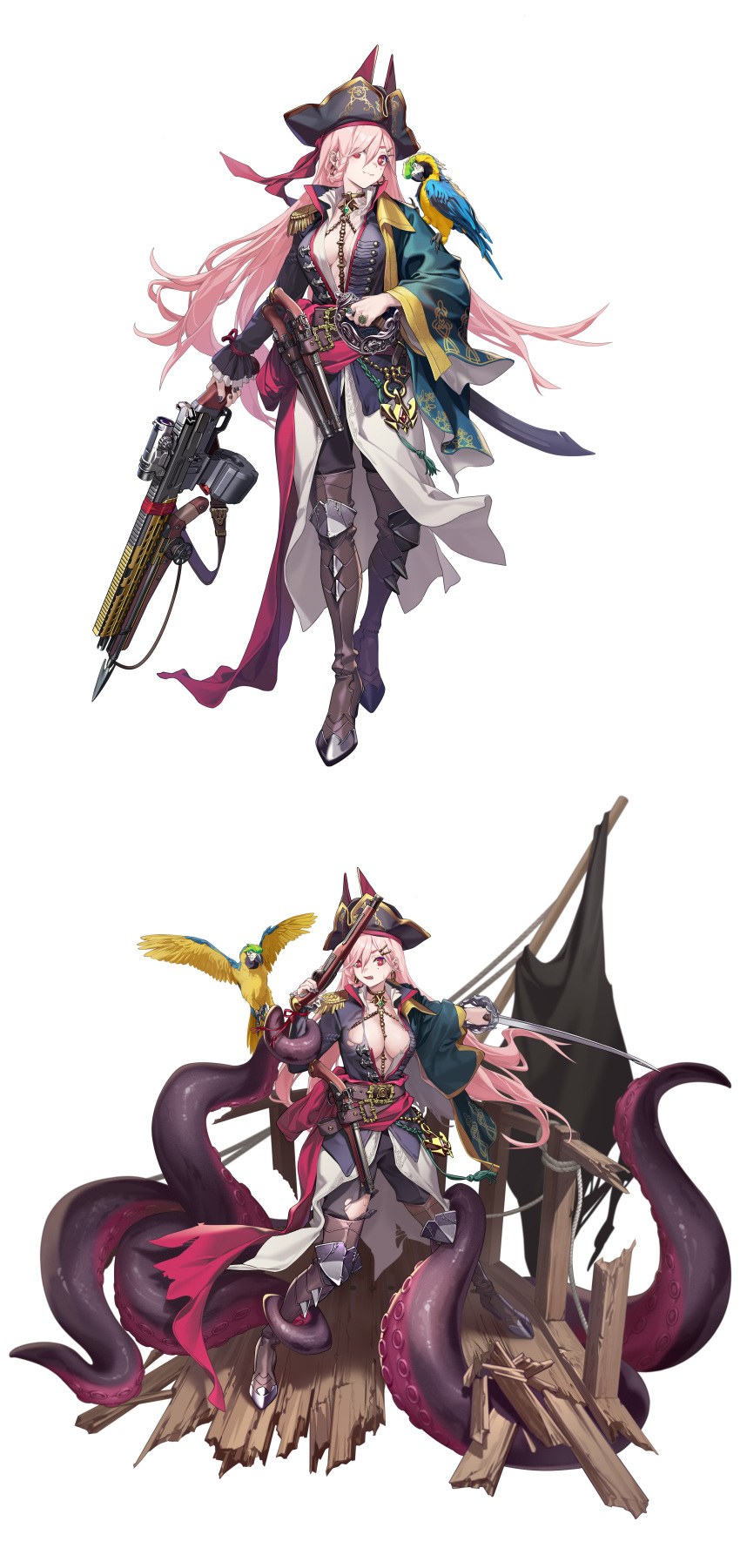 1girl :3 absurdres animal_on_shoulder antique_firearm armored_boots belt bird black_coat black_headwear black_pants blue_coat boots braid breasts broken brown_belt brown_footwear chinese_commentary cleavage closed_mouth coat commentary_request cutlass dual_wielding earrings epaulettes firelock flag flintlock full_body girls'_frontline gun hair_between_eyes hair_ornament hairclip hand_on_handle harpoon harpoon_gun hat highres holding holding_gun holding_sword holding_weapon jewelry large_breasts leg_grab long_hair long_sleeves mole mole_under_eye multiple_rings multiple_views necklace necklace_between_breasts octopus official_alternate_costume official_art open_clothes open_coat open_mouth open_shirt ornate_ring overcoat pants parrot pink_hair pirate pirate_hat railing red_eyes rifle ring rope ship shirt sig_mcx sig_mcx_(girls'_frontline) sig_mcx_(kraken_huntress)_(girls'_frontline) simple_background single_braid single_epaulette smile standing sweat sweatdrop sword tentacles thigh_boots torn_clothes torn_coat torn_pants tricorne very_long_hair watercraft weapon white_background white_shirt wood yitiao_er-hua