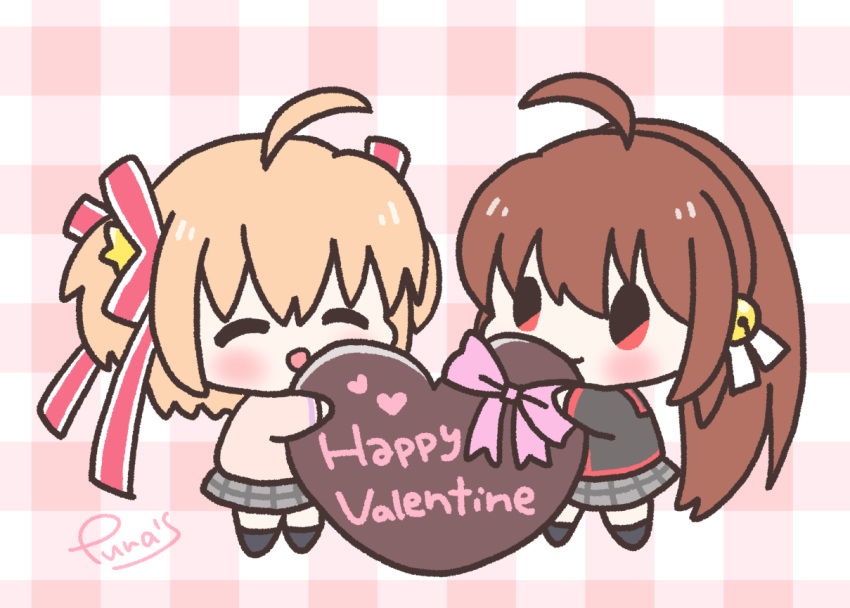 2girls ^_^ ahoge black_jacket blonde_hair blush bow brown_hair candy chibi chibi_only chocolate closed_eyes commentary_request food grey_skirt hair_ornament hair_ribbon happy happy_valentine heart heart-shaped_chocolate jacket kamikita_komari little_busters! little_busters!_school_uniform long_hair miniskirt multiple_girls natsume_rin pink_bow plaid plaid_background plaid_skirt ponytail prasma-prasma red_eyes red_ribbon ribbon school_uniform short_hair signature simple_background skirt standing star_(symbol) star_hair_ornament sweater two_side_up yellow_sweater