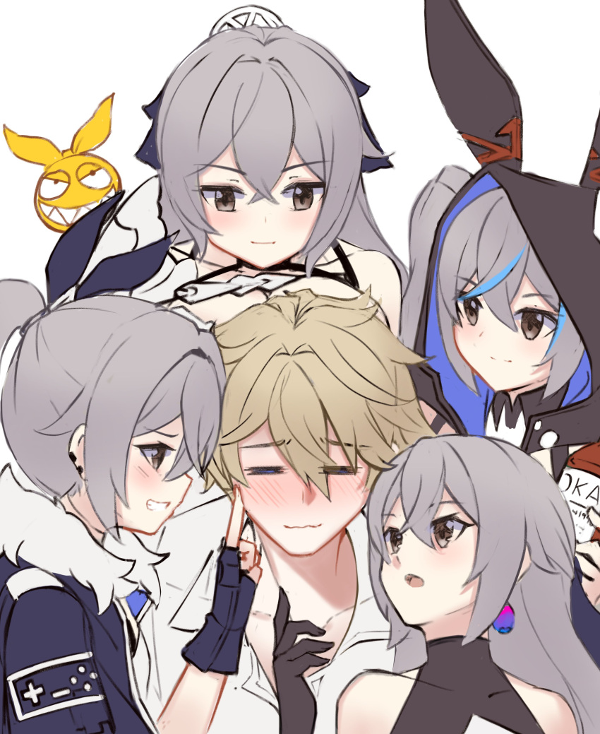 1boy 4girls :3 absurdres alcohol animal_ears black_gloves black_jacket blonde_hair blush bottle bronya_rand bronya_zaychik bronya_zaychik_(haxxor_bunny) bronya_zaychik_(silverwing:_n-ex) closed_eyes closed_mouth collared_shirt earrings fake_animal_ears fingerless_gloves gepard_landau gloves grey_eyes grey_hair highres holding holding_bottle homu_(honkai_impact) honkai:_star_rail honkai_(series) honkai_impact_3rd hood hood_up jacket jewelry multiple_girls multiple_persona open_mouth rabbit_ears shirt short_hair silver_wolf_(honkai:_star_rail) simple_background user_yona vodka white_background white_shirt