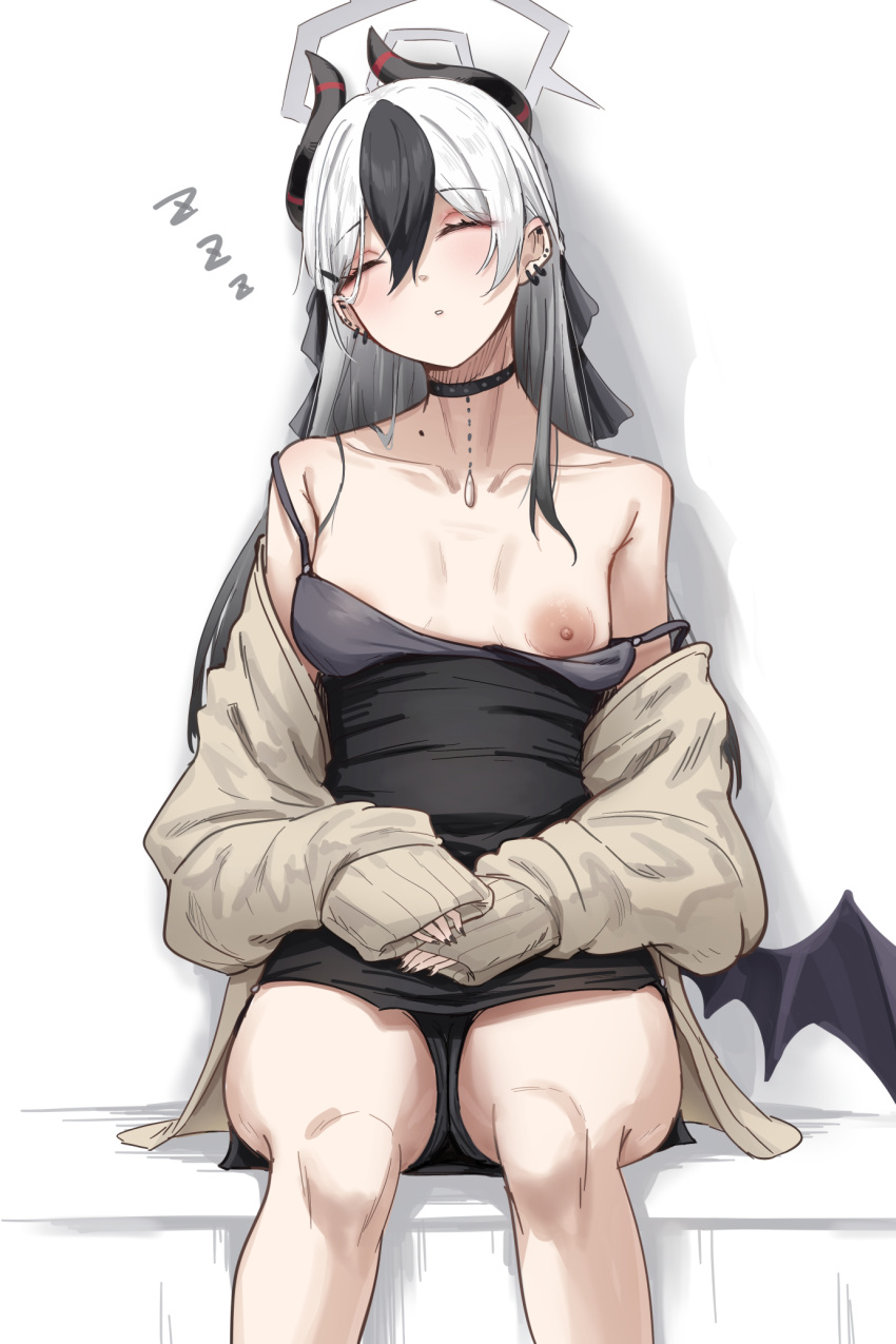 1girl black_choker black_dress black_hair black_horns black_nails black_wings blue_archive blush breasts choker closed_eyes collarbone demon_horns demon_wings dress ear_piercing feet_out_of_frame gohei_(aoi_yuugure) grey_halo grey_jacket hair_between_eyes halo highres horns jacket kayoko_(blue_archive) kayoko_(dress)_(blue_archive) long_hair mole mole_on_neck multicolored_hair nail_polish nipples no_bra official_alternate_costume one_breast_out parted_lips piercing single_wing sitting sleeping sleeves_past_wrists small_breasts solo strap_slip wardrobe_malfunction white_hair wings zzz