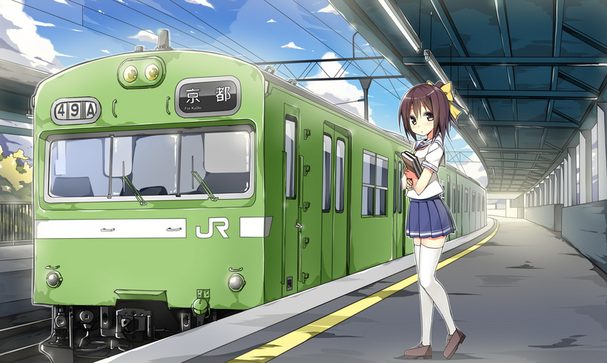 blue_skirt book brown_eyes brown_footwear brown_hair cable canopy_(shelter) cloud cloudy_sky day door_handle fence from_side ground_vehicle hair_ribbon holding holding_book japan_railways loafers looking_at_viewer original outdoors overhead_line pleated_skirt railroad_tracks ribbon school_uniform serafuku shoes short_hair short_sleeves skirt sky sky_(freedom) sliding_doors solo standing thighhighs train train_station_platform white_legwear wipers yellow_ribbon zettai_ryouiki