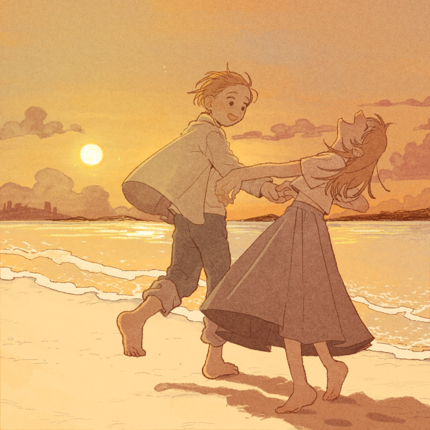 1boy 1girl barefoot blonde_hair closed_eyes cloud evening facing_up film_grain footprints from_behind from_side highres holding_hands layered_clothes long_hair long_sleeves mannerer62 no_sclera ocean open_mouth orange_sky original sand shirt shore short_hair short_sleeves skirt sky skyline smile three_quarter_view white_shirt