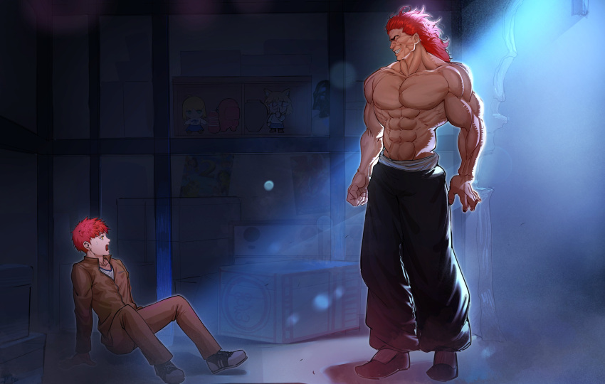 2boys abs absurdres among_us are_you_my_master artoria_pendragon_(fate) black_pants brown_jacket brown_pants commission crossover fate/stay_night fate_(series) grappler_baki hanma_yujiro highres indoors jacket kowai_(iamkowai) large_pectorals long_hair looking_at_another male_focus multiple_boys muscular muscular_male navel neco-arc nipples open_mouth pants pectorals red_(among_us) red_hair saber_(fate) short_hair smile teeth topless_male tsukihime