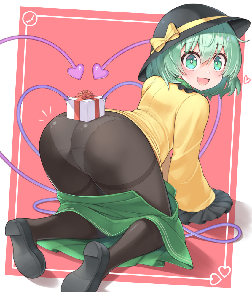 1girl :d all_fours ass bare_legs bent_over black_headwear black_pantyhose blouse blush bow clothes_pull collared_shirt commentary_request curly_hair frilled_sleeves frills from_behind from_side full_body gift green_eyes green_skirt grey_hair hair_between_eyes happy harunoha hat hat_bow heart heart_of_string high_heels highres komeiji_koishi looking_at_viewer looking_back medium_hair panties panties_under_pantyhose pantyhose shirt skirt skirt_pull smile solo thighs third_eye touhou underwear valentine very_long_sleeves white_panties wide_sleeves yellow_bow yellow_shirt