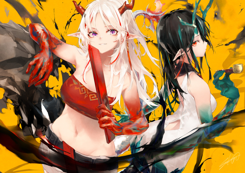 2girls arknights arm_behind_back arm_rest back-to-back back_cutout bare_shoulders belt black_belt black_hair black_shorts clothing_cutout crop_top dragon_girl dragon_horns dress dusk_(arknights) expressionless from_behind from_side grey_hair grin hand_up hands_up highres holding holding_smoking_pipe horns long_hair looking_at_viewer looking_back midriff multicolored_hair multiple_girls navel nian_(arknights) orange_eyes paint purple_eyes red_eyes red_hair sakusyo short_shorts shorts siblings sisters sleeveless sleeveless_dress slit_pupils smile smoking_pipe stomach streaked_hair two-tone_hair very_long_hair white_dress white_hair yellow_background