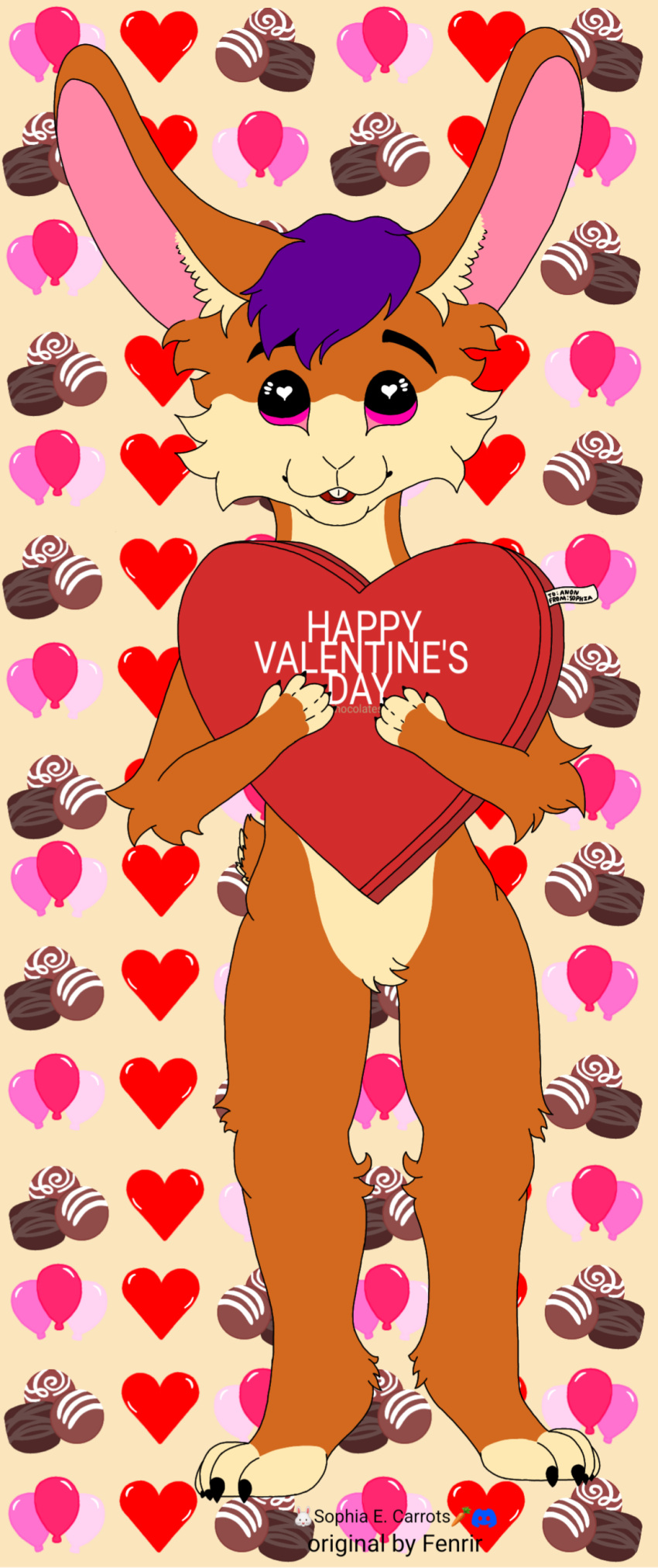 &lt;3 &lt;3_eyes 4_toes absurd_res anthro balloon box_of_chocolates buckteeth candy chocolate claws crotch_tuft cute_expression cute_eyes dessert detailed_background feet finger_claws fluffy food fur hair hare hi_res holding_object holidays inflatable inner_ear_fluff lagomorph leporid male mammal orange_body orange_fur pattern_background pink_eyes pink_inner_ear pink_tongue puppy_eyes purple_hair rabbitemperor11 scut_tail short_tail simple_background smile solo sophia_(sophia_e._carrots) tail tan_body tan_fur tan_inner_ear_fluff teeth toe_claws toes tongue tuft valentine's_day